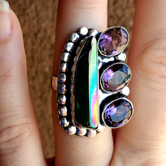 New Rainbow Hematite and Amethyst 925 Silver Ring. - Picture 16 of 16